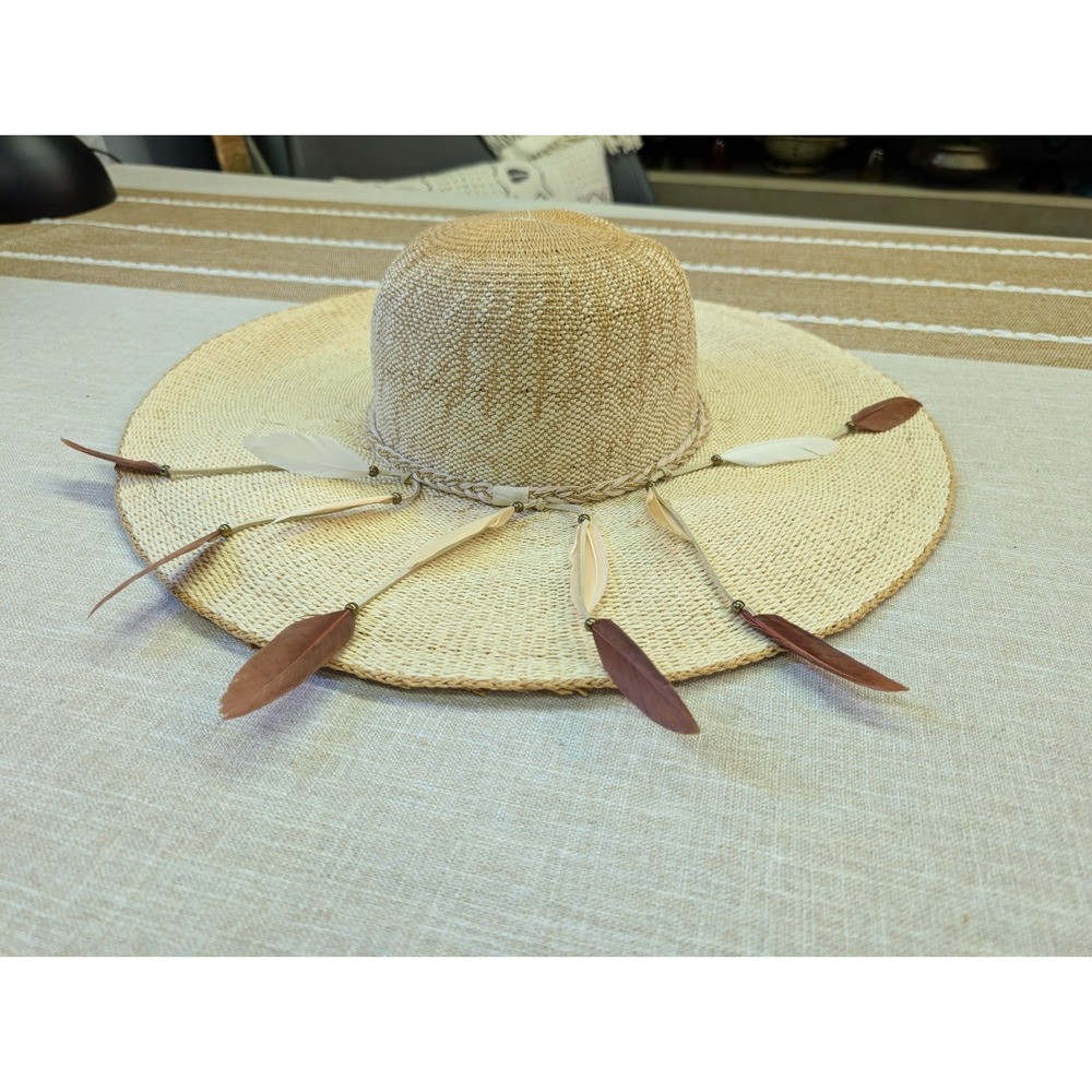 NEW! Scala Feather Embellished Wide Brim Woven Hat